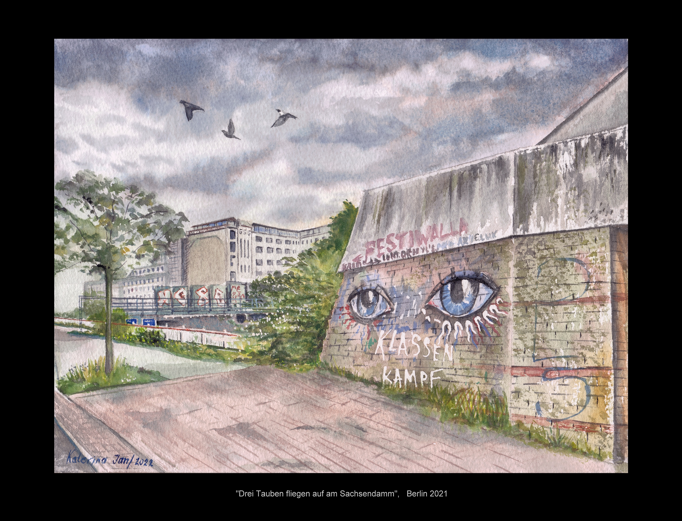 Drei Tauben fliegen auf am Sachsendamm