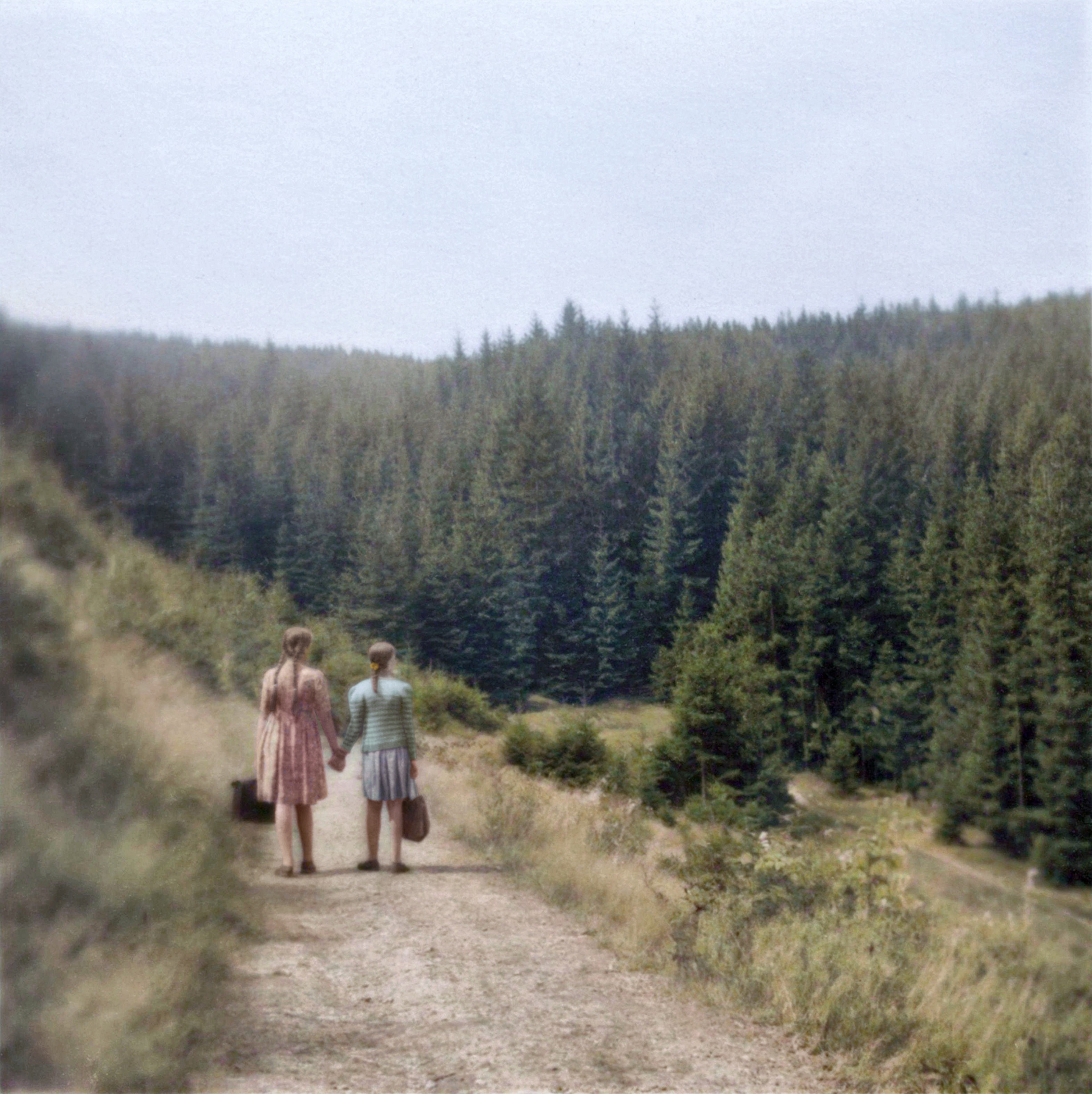 Zwei auf der Blumenwiese, 30er Jahre, Farbfoto